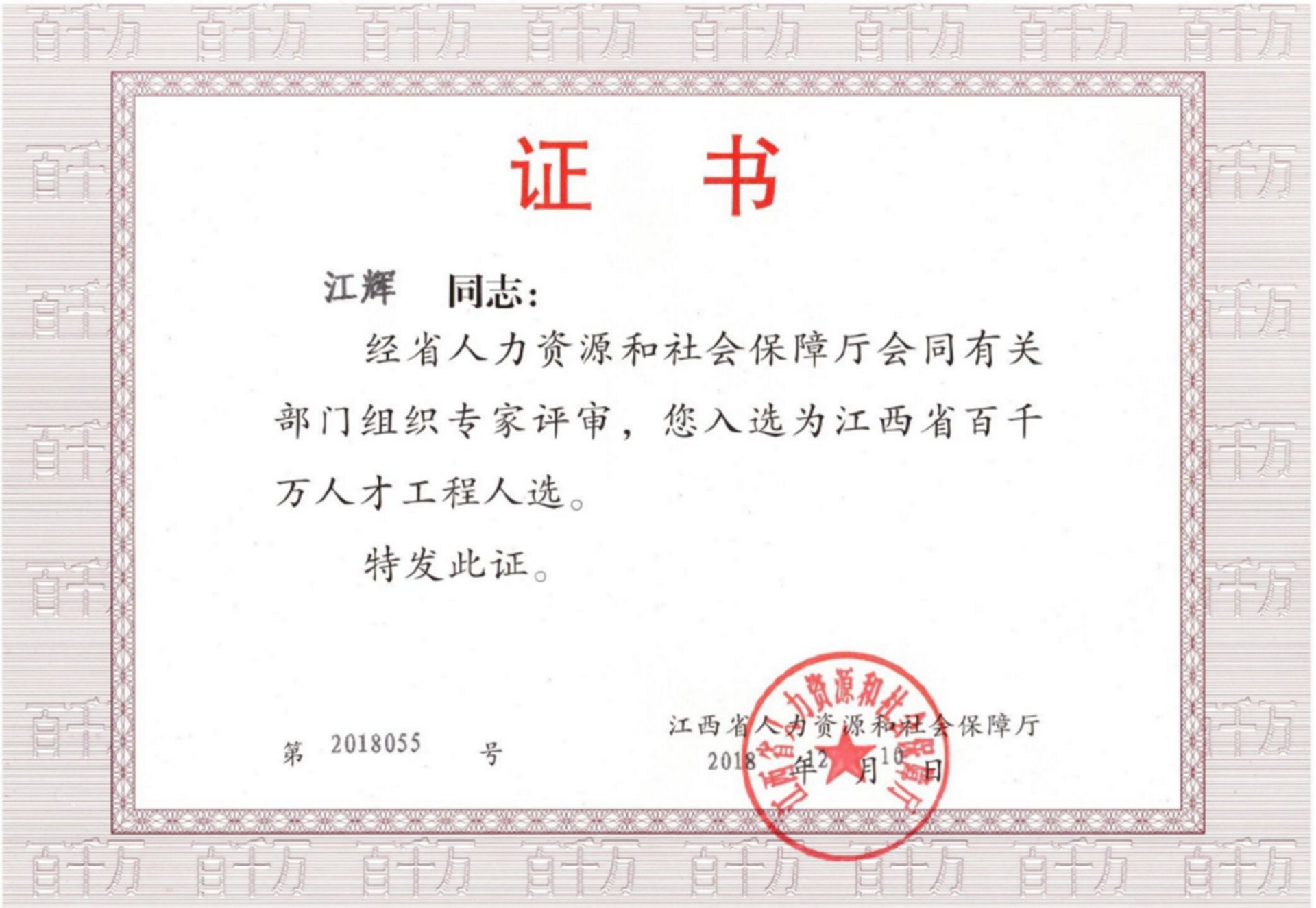 江西省百千万人才工程人选（江辉）